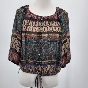Sugarmint Fall Hues Paisley Sheer 3/4 Sleeve High Low Blouse Womens Size Small